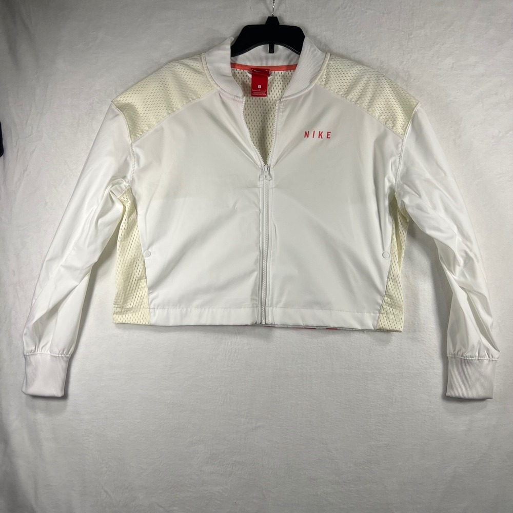Nike Womens White Mesh Cropped Bomber Jacket Athletic Activewear Size L‎